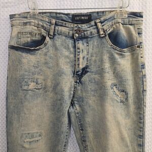 Riot Empire Men's Distressed Acid Wash Denim Jeans Size 34 X 32 Slim Ripped Blue